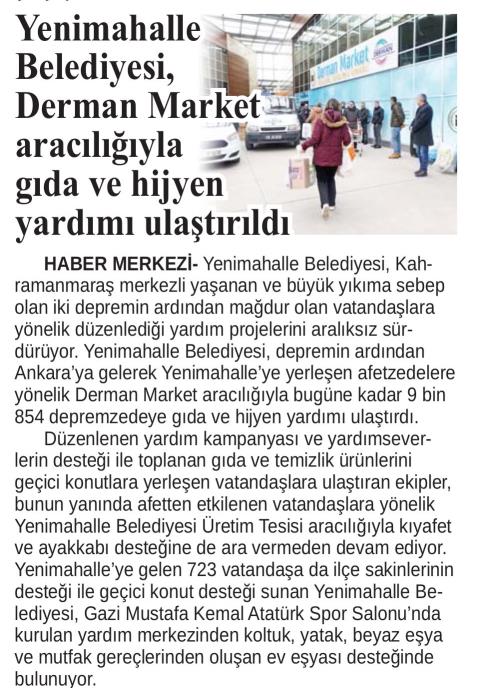 YENİMAHALLE BELEDİYESİ DERMAN MARKET ARACILIĞIYLA GIDA VE HİJYEN YARDIMI ULAŞTIRILDI