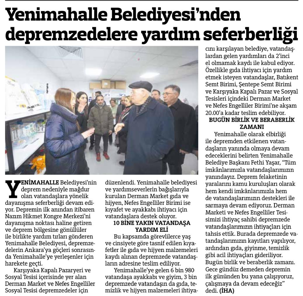 YENİMAHALLE BELEDİYESİ'NDEN DEPREMZEDELERE YARDIM SEFERBERLİĞİ